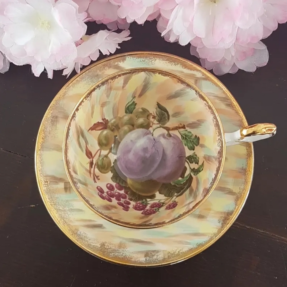 Old Royal English Bone China Tea Cup and Saucer with Fruit Pattern